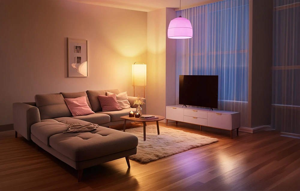 Interiorul unui living modern cu o canapea de colț gri și un dulap pentru televizor, iluminat de o lampă de podea și o lampă suspendată violetă.