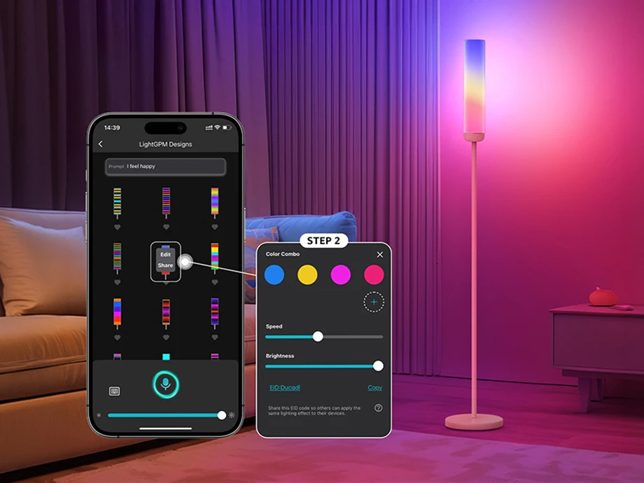 Interfața colorată a unei aplicații mobile asociată cu o lampă alungită care emite lumină neon multicoloră.