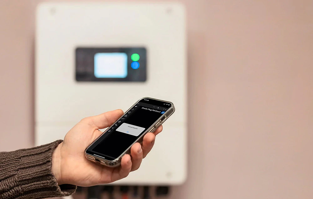 O notificare de suprasarcină a rețelei afișată în aplicația mobilă Shelly Plug PM Gen3 ținută în fața unui invertor.