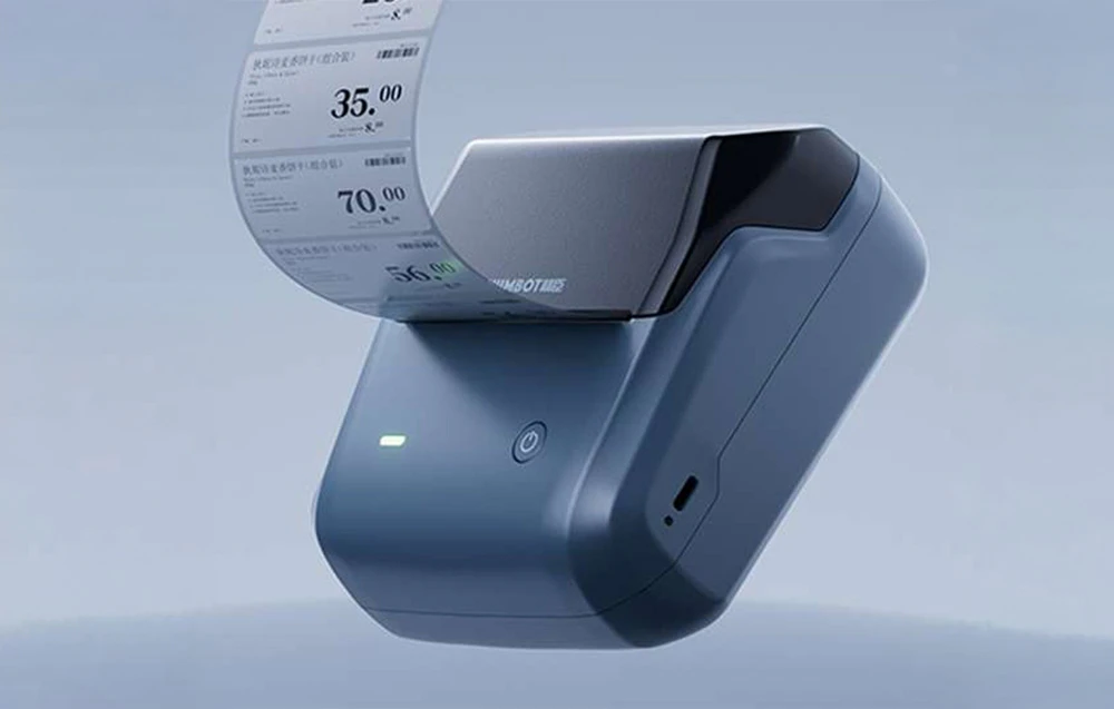 Blue thermal printer prints a collapsed list of labels with prices and text in Chinese, floating in the air on a blue background
