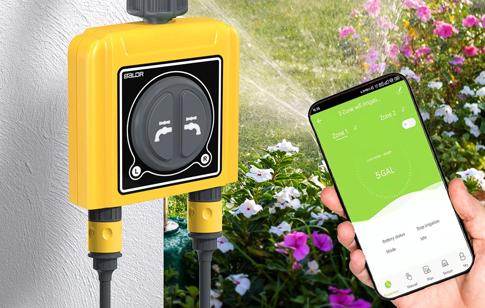 RainPoint irrigation controller connected to a smartphone via an app.