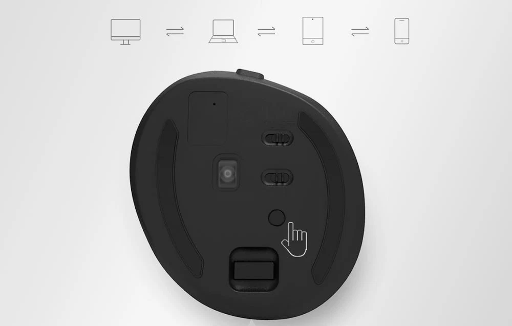 Partea inferioară a unui mouse vertical ergonomic cu senzor, comutatoare și un buton, cu pictograme ale dispozitivelor deasupra acestuia.