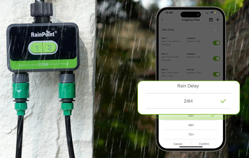 Controler de irigații RainPoint montat pe perete alb, lângă el smartphone cu funcțiile aplicației.