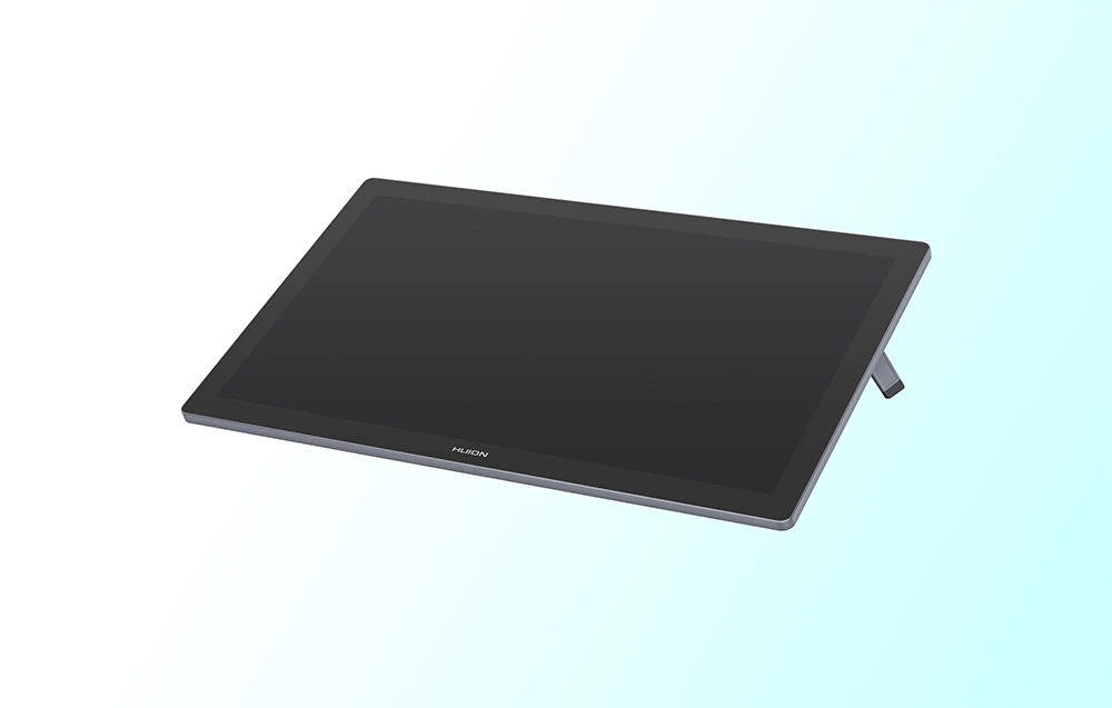 Tabletă grafică Huion cu suport reglabil pe un fundal albastru deschis