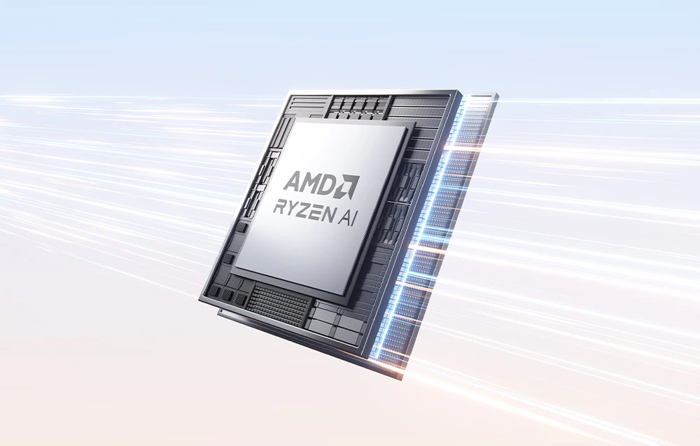 Procesor AMD Ryzen AI pe un fundal luminos