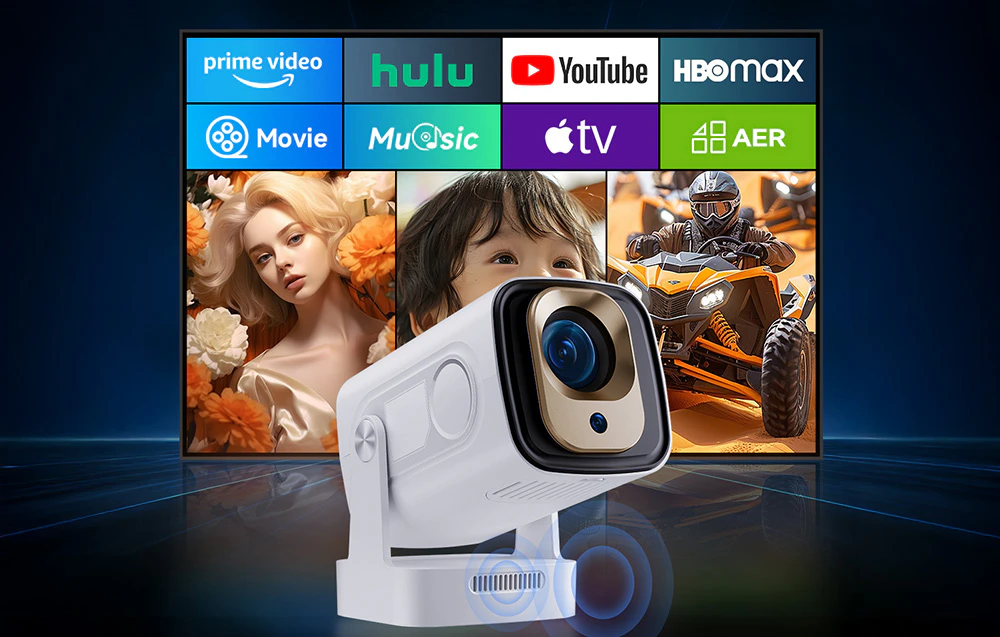 Proiectorul pe un fundal de ecran cu pictograme ale aplicațiilor populare de streaming, precum YouTube, Hulu și Prime Video