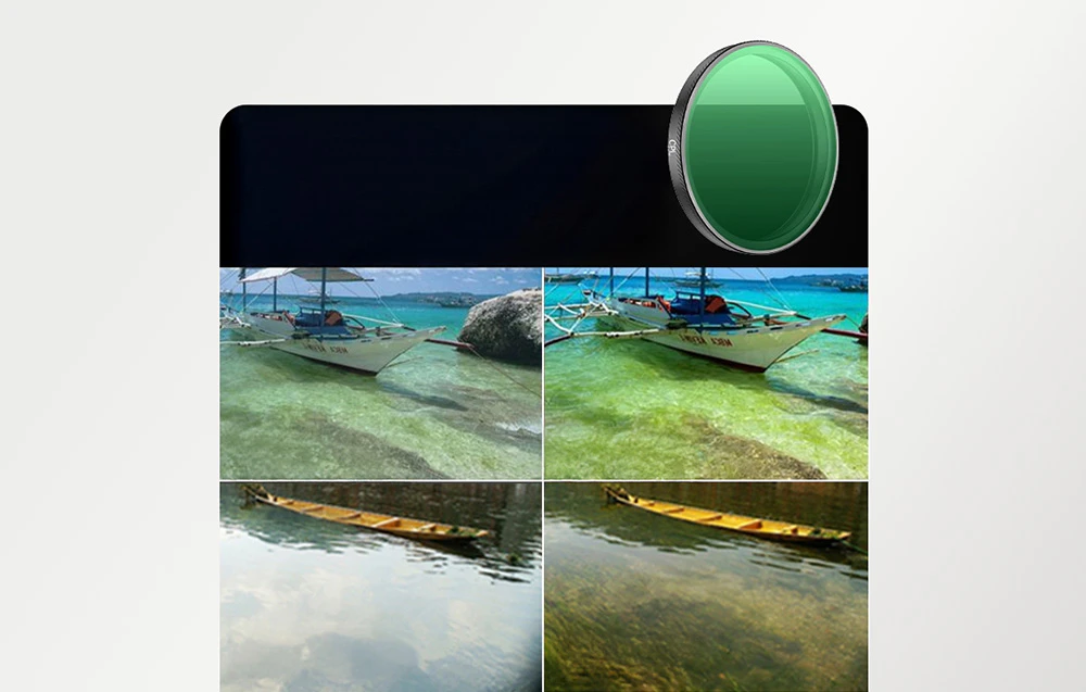 Comparație între fotografiile unei bărci pe apă și a unui peisaj cu reflexii, cu un filtru polarizator pentru a îmbunătăți claritatea