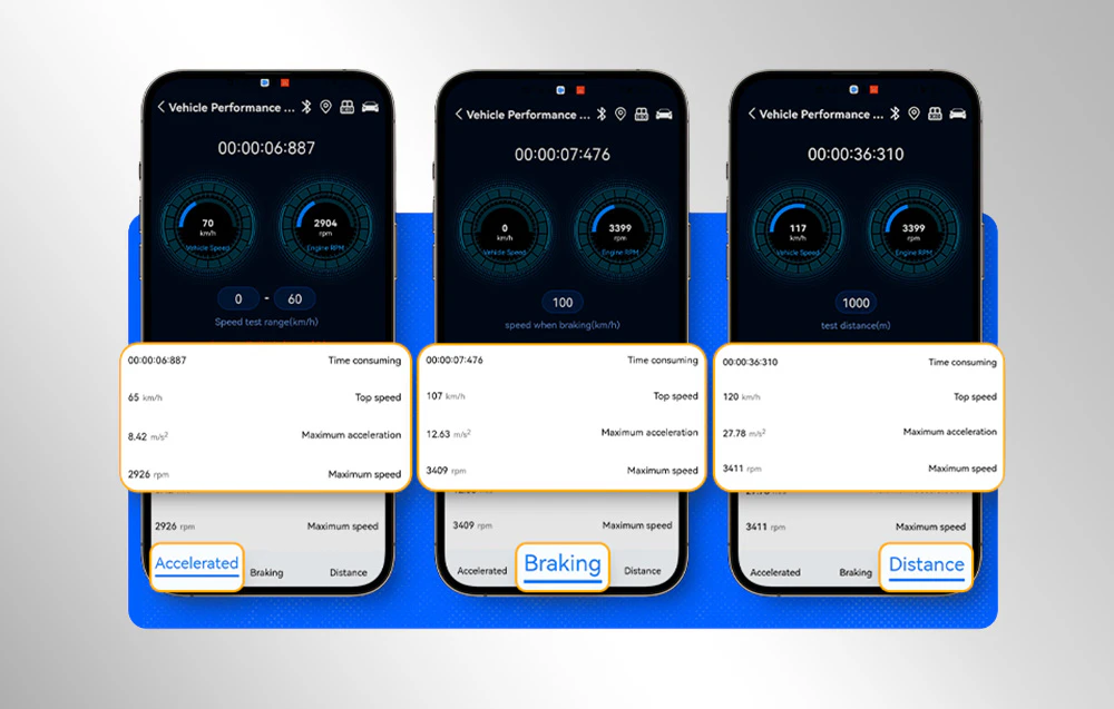 Trei ecrane ale aplicației mobile care afișează rezultatele testelor de performanță ale vehiculului: accelerație, frânare și distanță