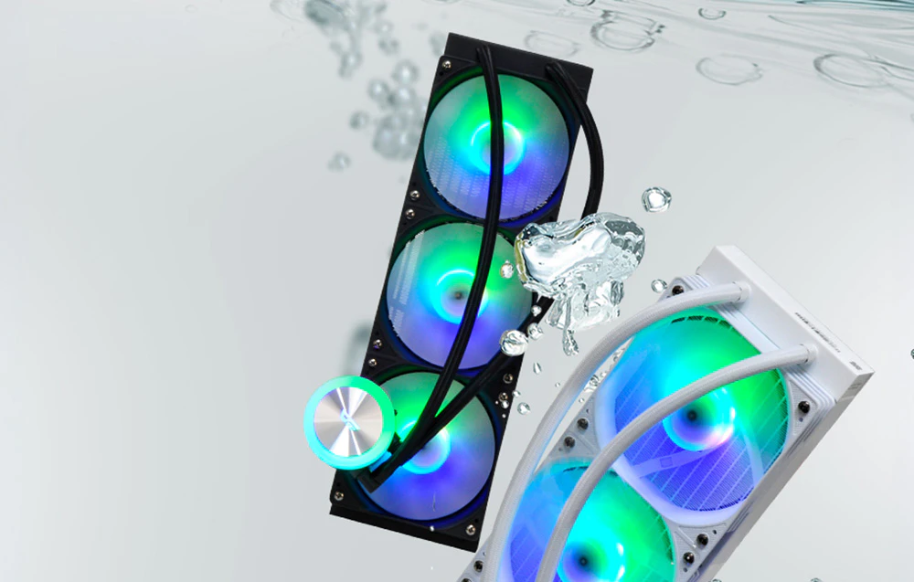 Sisteme de răcire cu apă AIO alb-negru, cu iluminare RGB, pe un fundal cu tematică acvatică și bule de aer
