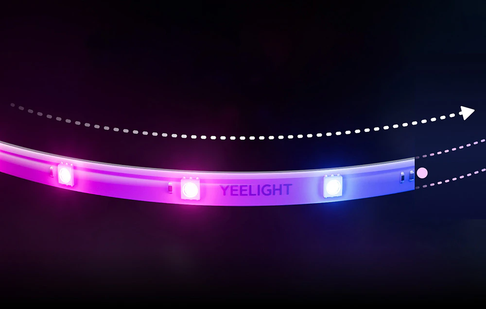 Prim-plan al benzii LED Yeelight pe un fundal negru