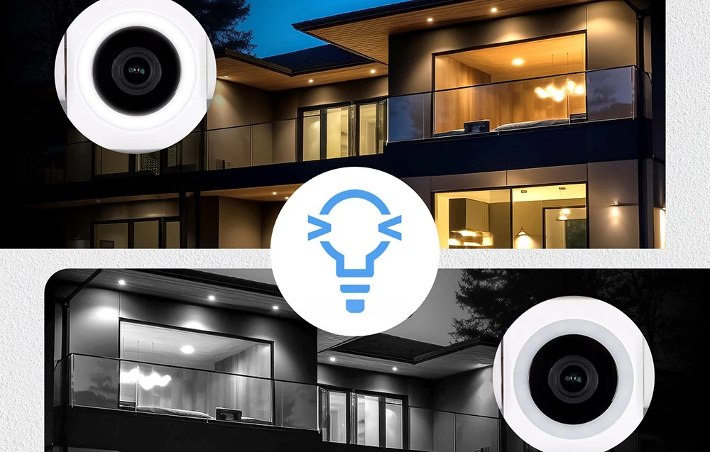 Comparație între imagini nocturne ale casei: color cu luminile aprinse și alb-negru cu LED-urile IR ale camerei activate