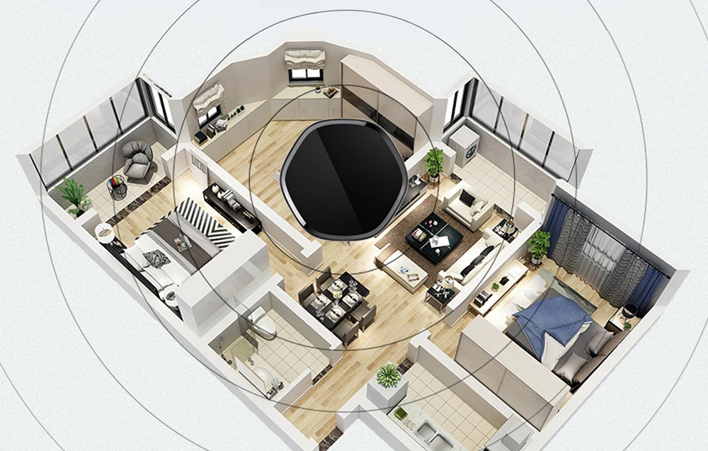 O vedere de sus a planului apartamentului, cu raza de acțiune a porții situate în centru marcată.