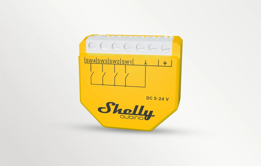 Un modul electric galben cu un logo Shelly, cu scheme de conexiuni