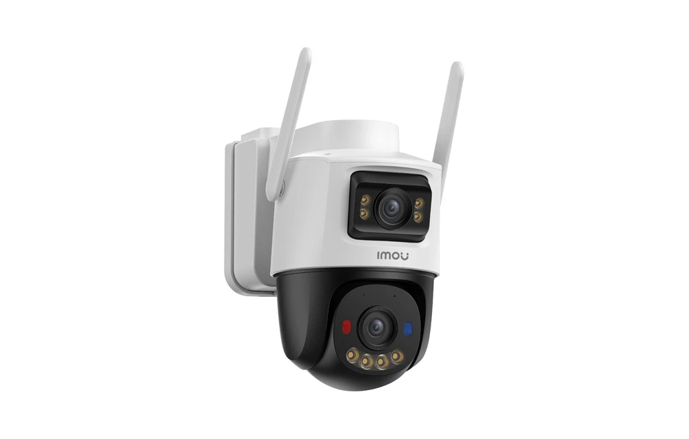 Cameră de securitate alb-negru Imou cu două antene, vedere oblică din stânga pe fundal alb