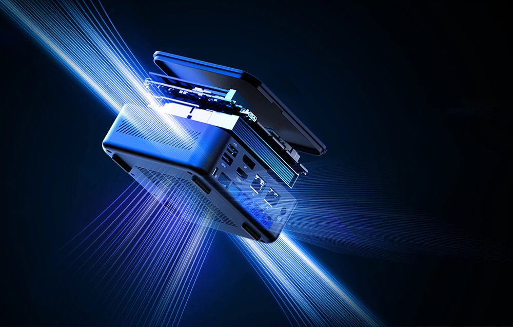 O vizualizare schematică a structurii stratificate a unui mini PC, evidențiind sistemul de răcire și fluxul de aer.