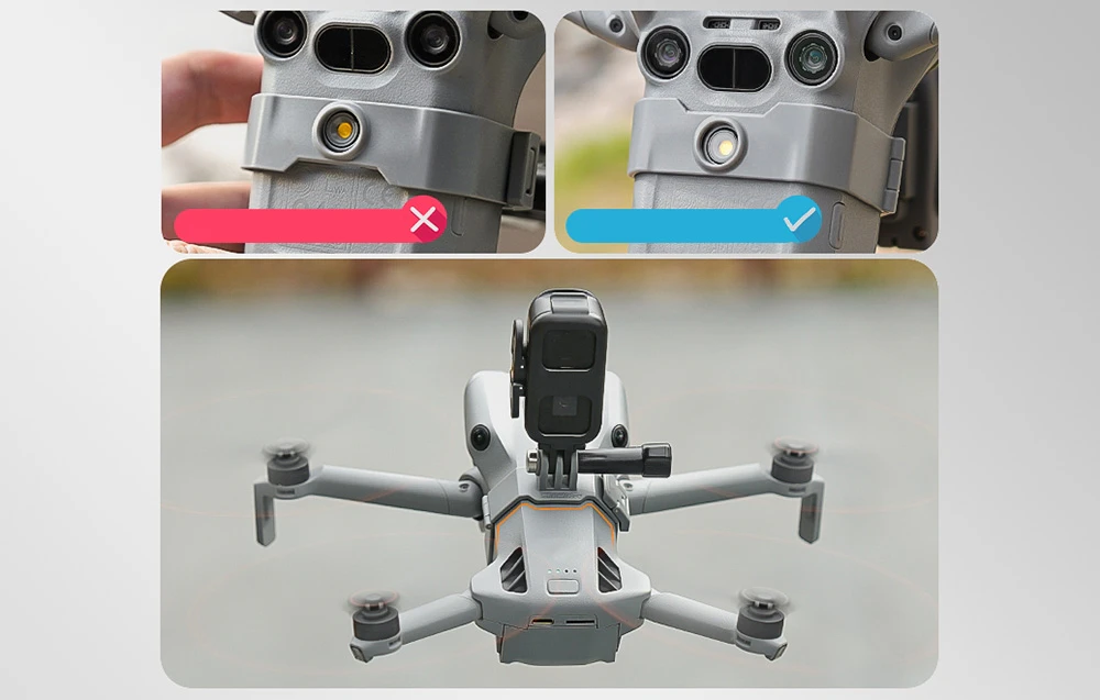 Un colaj din trei fotografii ale dronei cu camera; cea de sus prezintă pictograme X roșu și bifă albastră lângă senzori
