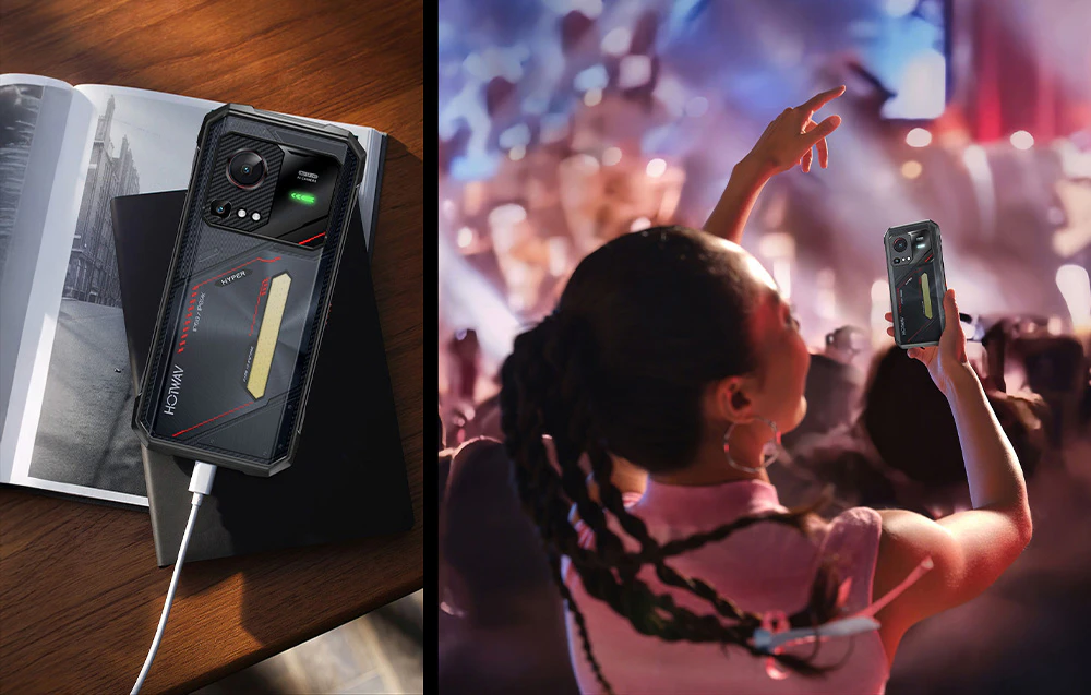 O combinație de două scene: în stânga, un smartphone HOTWAV încărcându-se pe un birou; în dreapta, o femeie la un concert ținând telefonul în sus.