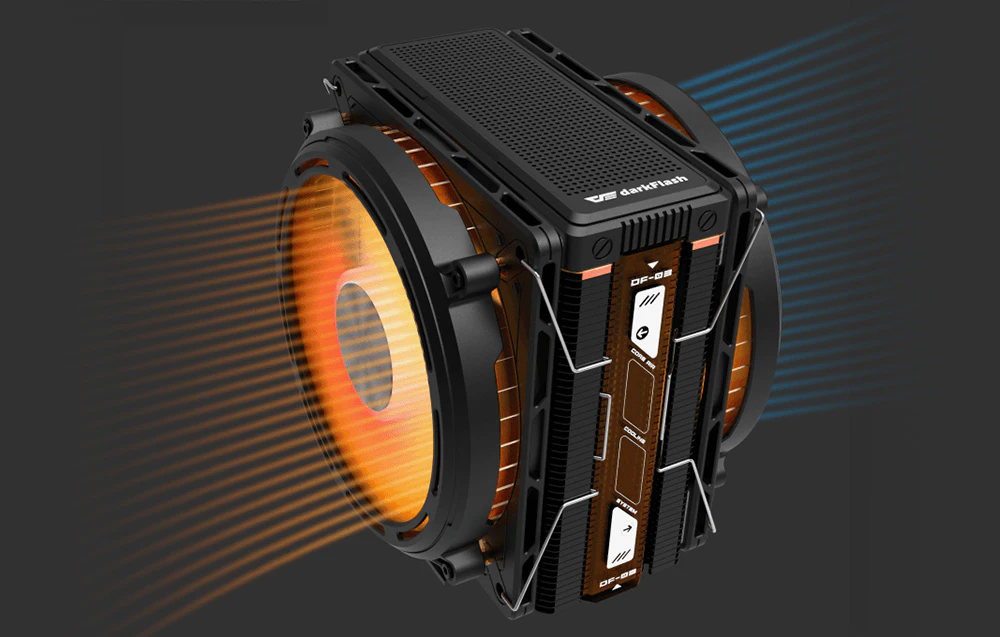 Răcire activă Darkflash cu ventilatoare duble și iluminare de fundal pe un fundal întunecat