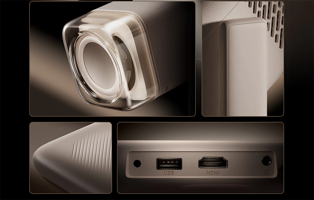 Prim-planuri ale proiectorului care arată lentila, grilele de ventilație și porturile USB și HDMI.