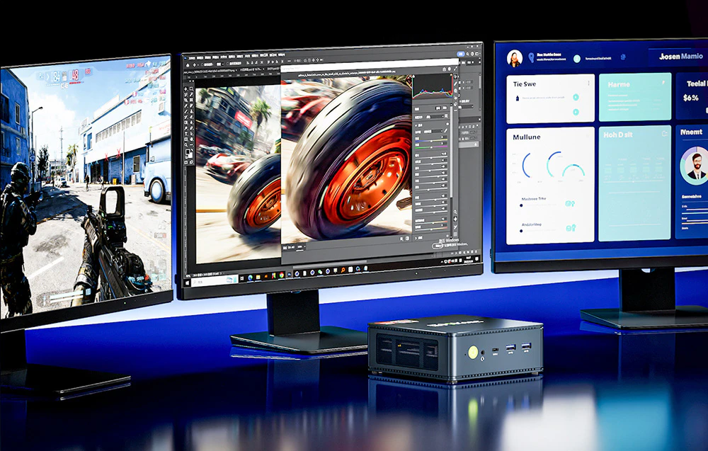 Mini PC GMKtec conectat la trei monitoare care prezintă jocuri, editare foto și tablou de bord