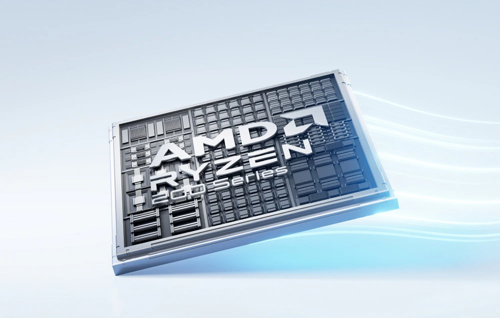 Un procesor AMD Ryzen seria 2000 expus într-un unghi cu efecte de iluminare care sugerează performanța