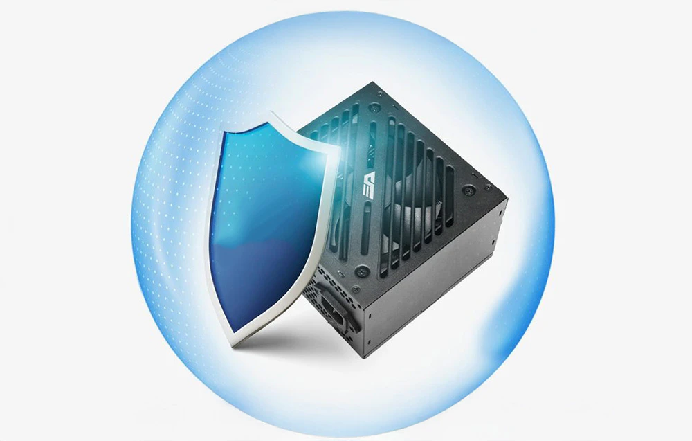 Sursă de alimentare pentru computer cu un scut protector albastru împotriva unei sfere strălucitoare