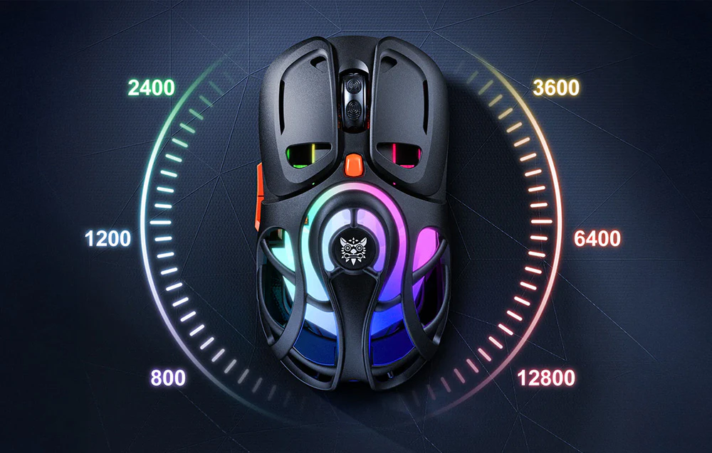 Mouse negru cu retroiluminare și găuri în cerc cu numere reprezentând valori DPI