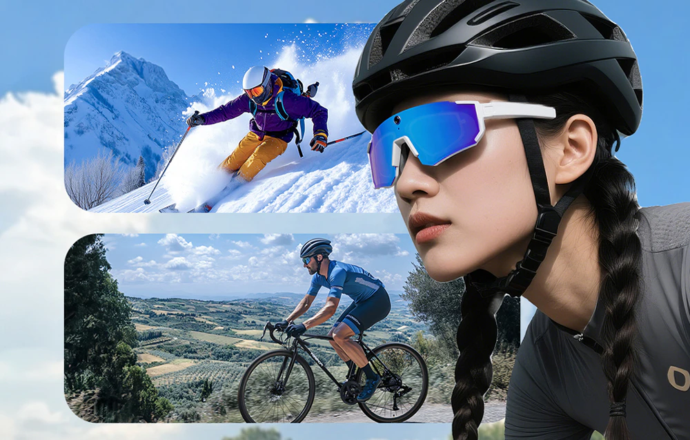 O femeie care poartă o cască de bicicletă și ochelari inteligenți pe fundalul unor fotografii cu un schior și un ciclist