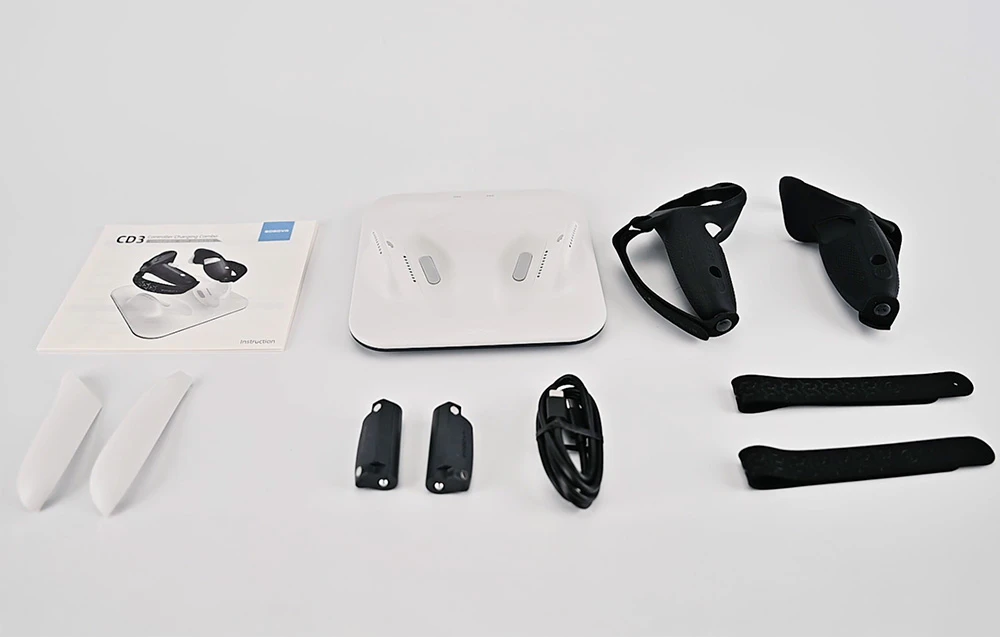 Set complet BoboVR CD3 cu manual, stație, controlere, cablu și accesorii