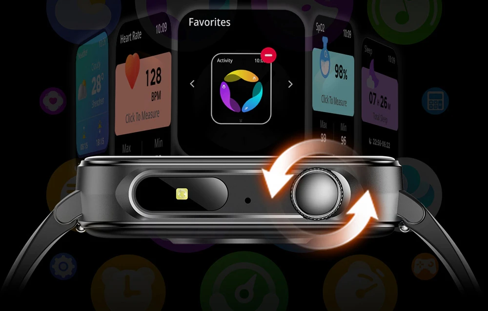 Prim plan al coroanei smartwatch-ului pentru a controla dispozitivul.