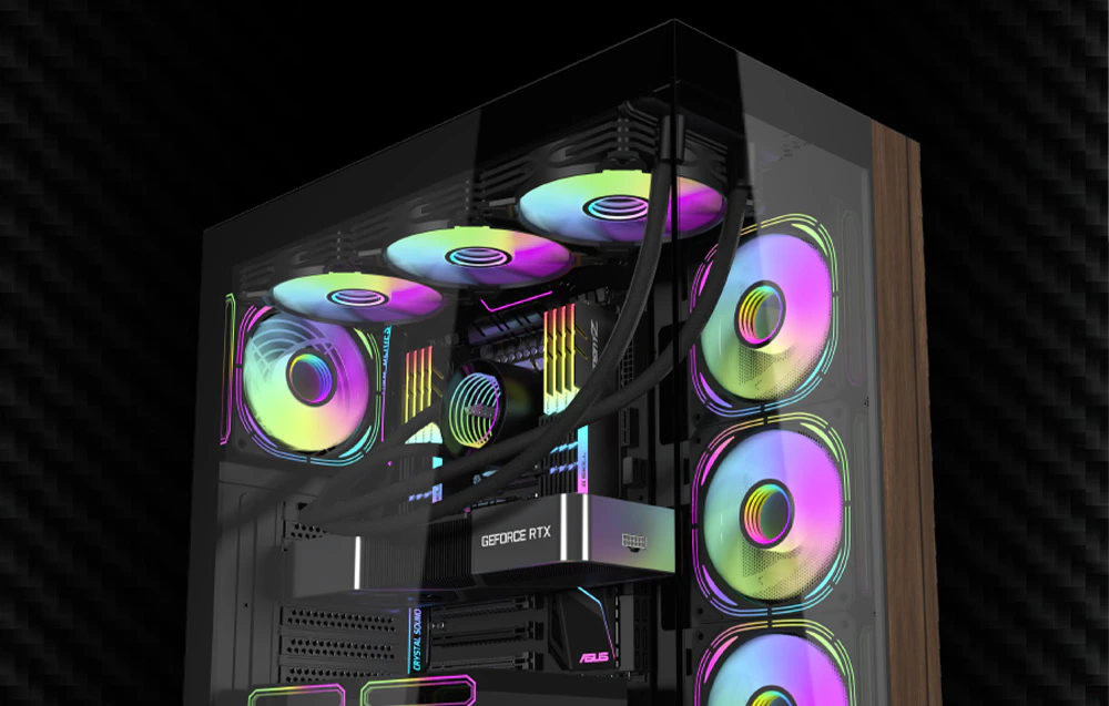Carcasa de computer Darkflash DS900W de culoare neagră pe un fundal închis.