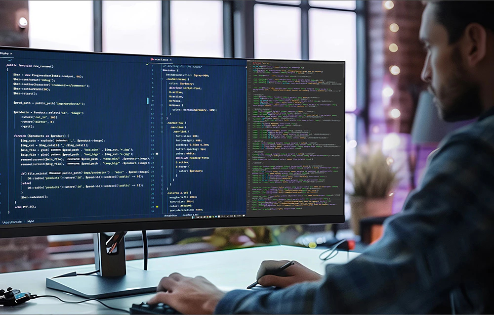 Un programator care lucrează la un monitor cu cod pe ecran într-un mediu de birou cu ferestre mari în fundal