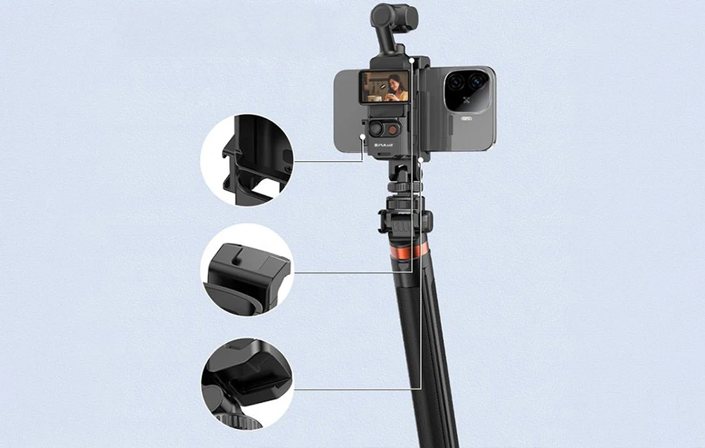 Suport pentru cameră de acțiune și smartphone atașat la un monopod cu detalii structurale vizibile