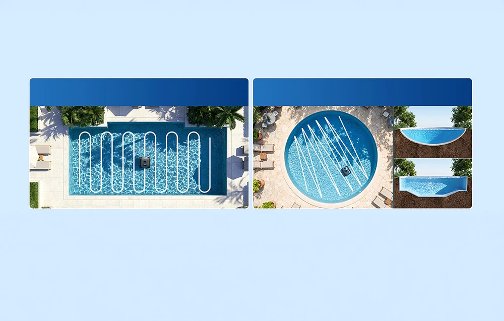 O diagramă a traseului de curățare într-o piscină dreptunghiulară și una rotundă, efectuat de robot