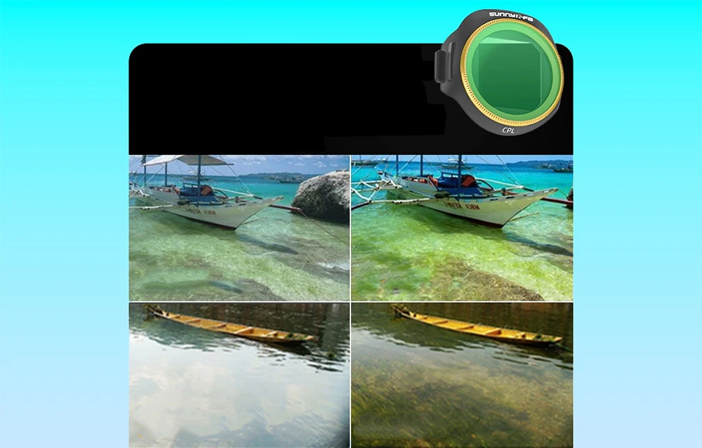 Filtru Sunnylife CPL pe dronă cu comparație a efectelor pe fotografii înainte și după de plajă și barcă