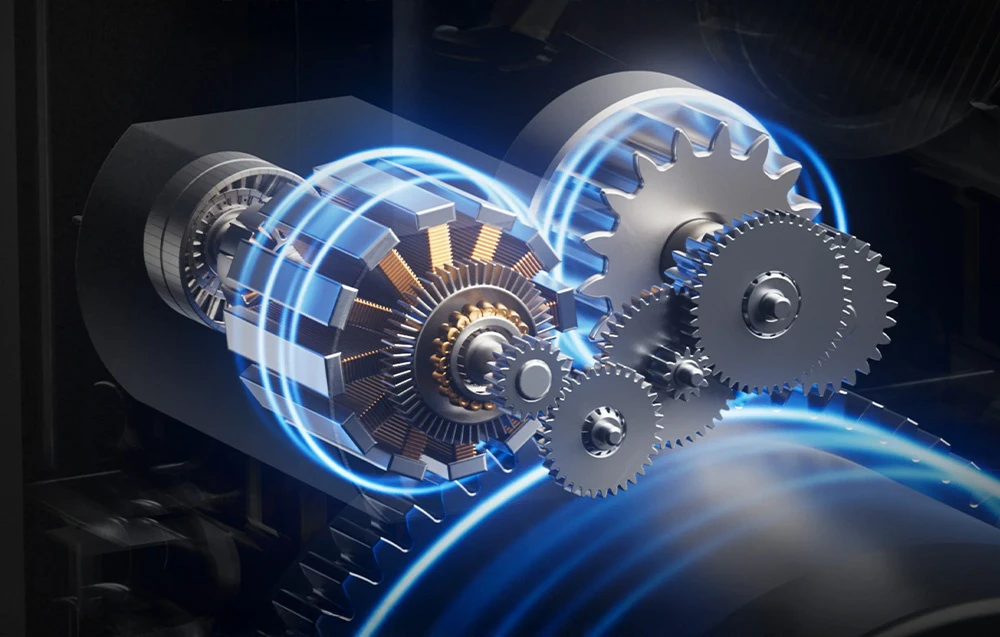 Reprezentare 3D a mecanismului de blocare cu angrenaje, motor și iluminare cu efect de energie albastră