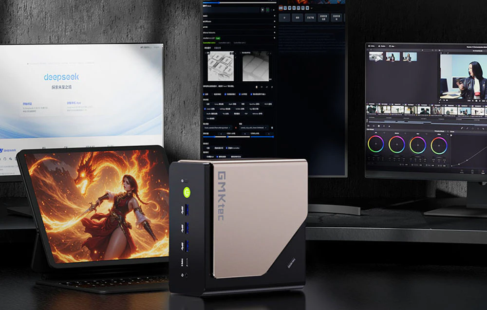 Mini PC GKtec conectat la 4 monitoare.