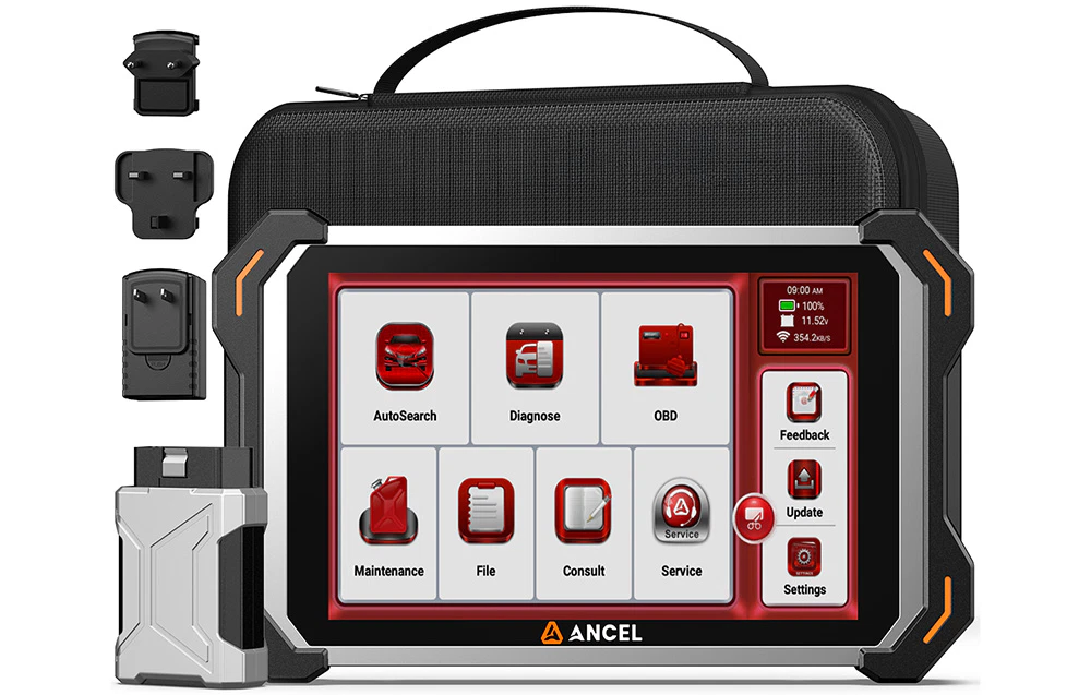 Un kit de diagnosticare Ancel care conține un scaner cu meniul afișat pe ecran, un adaptor OBD, mufe interschimbabile și o geantă de transport neagră