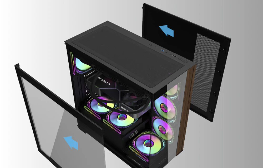 Carcasa computerului Darkflash DS900W prezentată de sus, cu panourile laterale înclinate în jos.