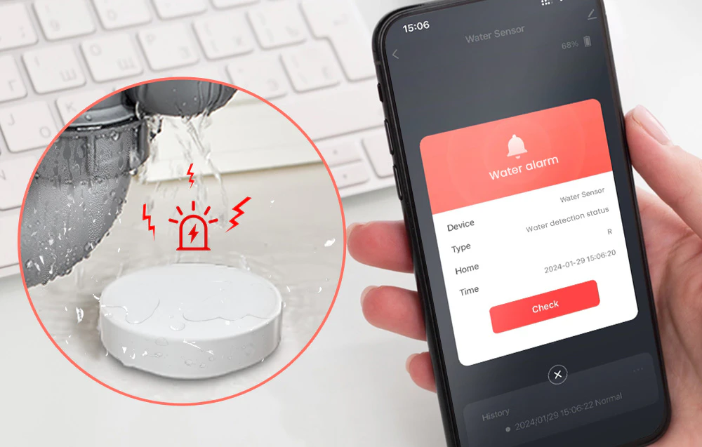 Senzor de inundații sub conducta de apă cu scurgeri și ecran de smartphone care afișează alerta de detectare a apei