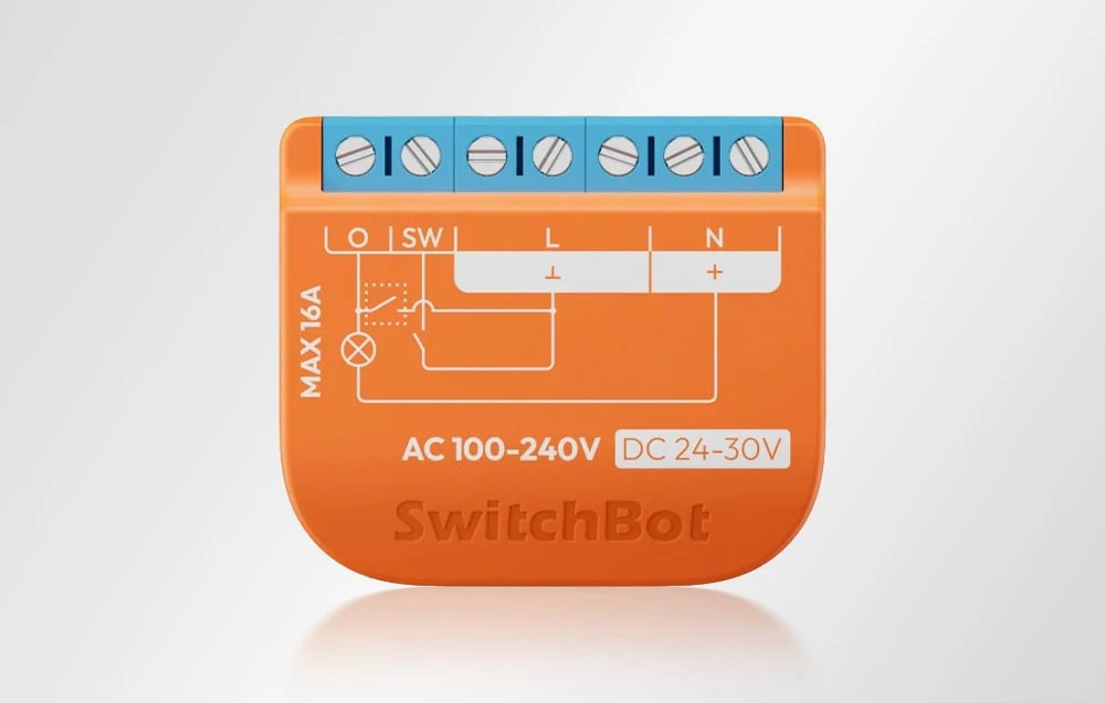 Vedere din față a modulului SwitchBot care prezintă diagrama de cablare cu intrările O, SW, L și N marcate