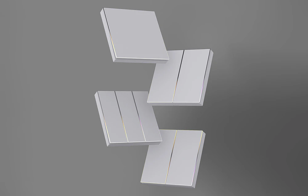 Patru comutatoare tactile albe de configurații diferite cu iluminare subtilă cu LED-uri pe un fundal gri