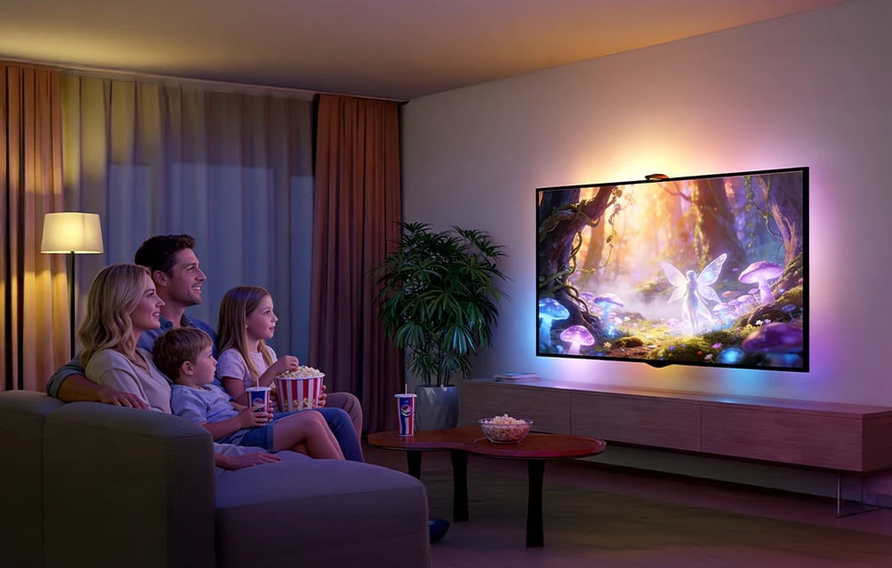 O familie stă pe canapea cu popcorn, urmărind un desen animat la televizor; peretele din spatele televizorului este iluminat cu lumini colorate