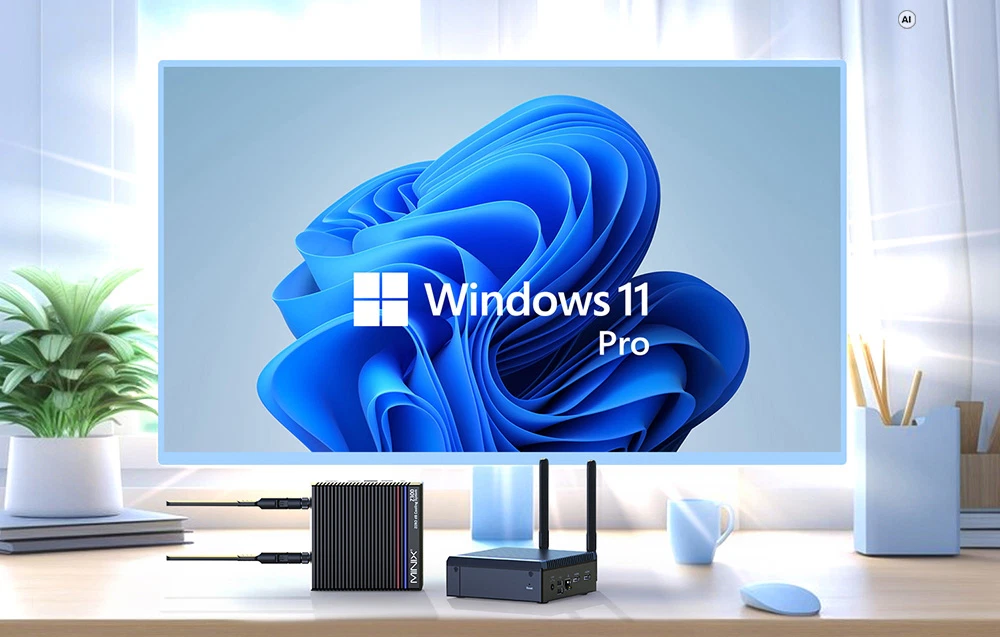 O stație de lucru cu un mini PC Minix conectat la un monitor care rulează Windows 11 Pro