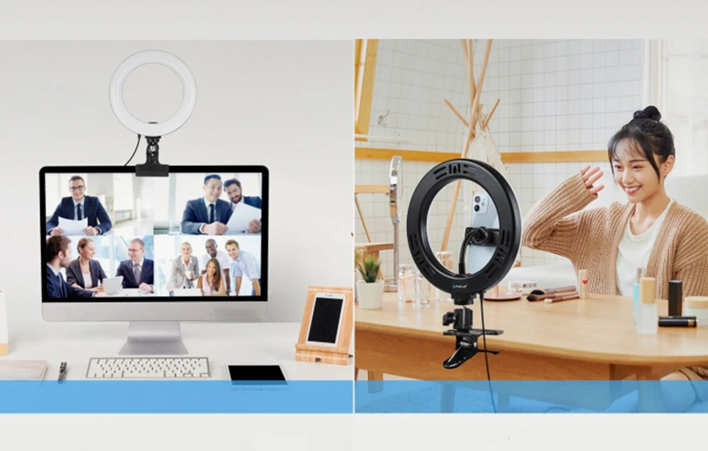 Două fotografii care ilustrează utilizarea unei lămpi circulare cu clemă lângă un monitor de computer și pe un birou.