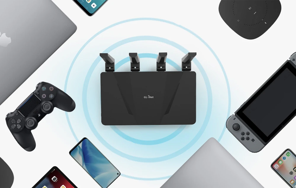 Vedere de sus a unui router negru înconjurat de elemente grafice circulare și dispozitive, inclusiv un controler, un smartphone și o consolă de jocuri