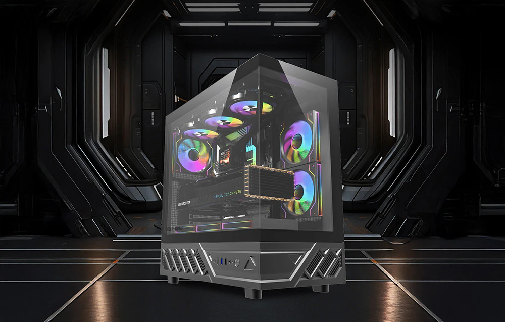 Carcasă PC neagră cu ventilatoare RGB într-un hol întunecat futurist