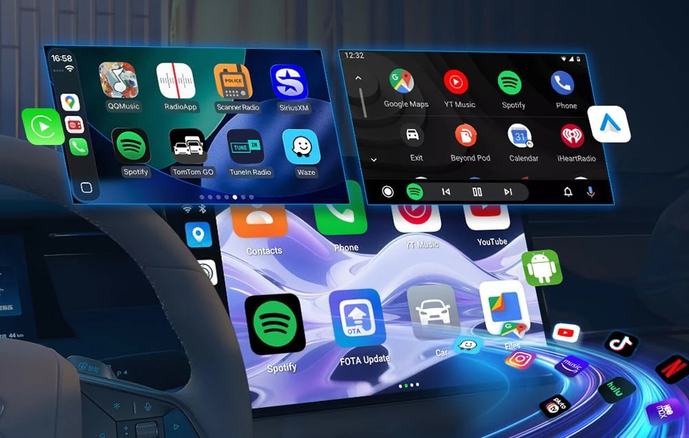 Ecranul mașinii afișează interfețele CarPlay și Android Auto, precum și pictogramele pentru aplicațiile multimedia și de navigație populare