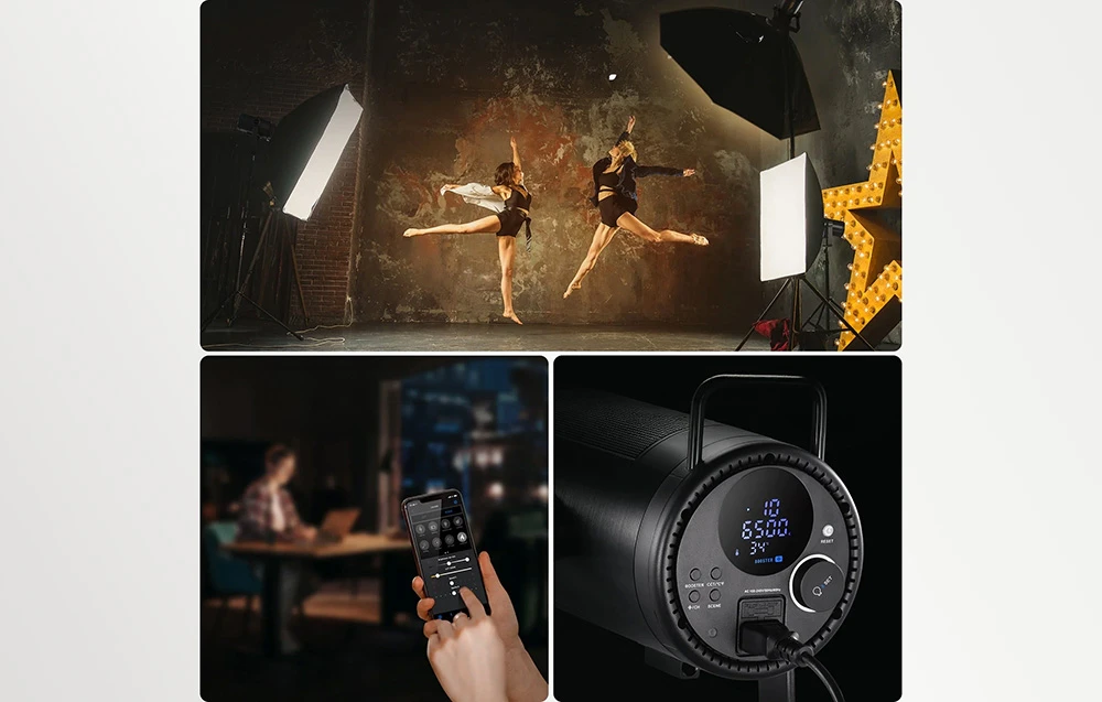 Un colaj din trei fotografii: o dansatoare într-un studio foto, o persoană care utilizează o aplicație mobilă și panoul din spate al lămpii.