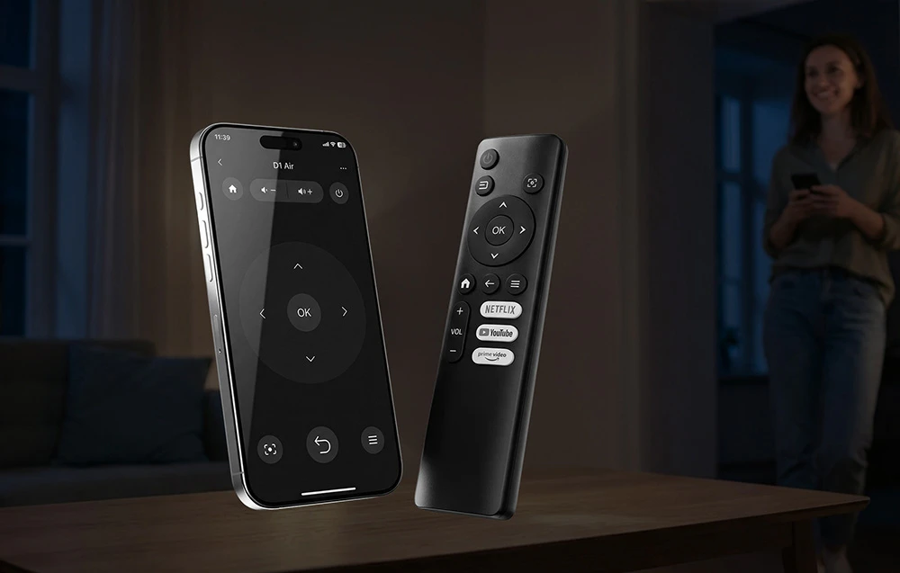 Prim-plan al unui smartphone pe care rulează aplicația de control D1 Air și al unei telecomenzi fizice cu butoane pentru servicii de streaming